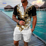 ensemble homme luxe motif baroque blanc, noir et doré, tenue 2 pièces estivale élégante