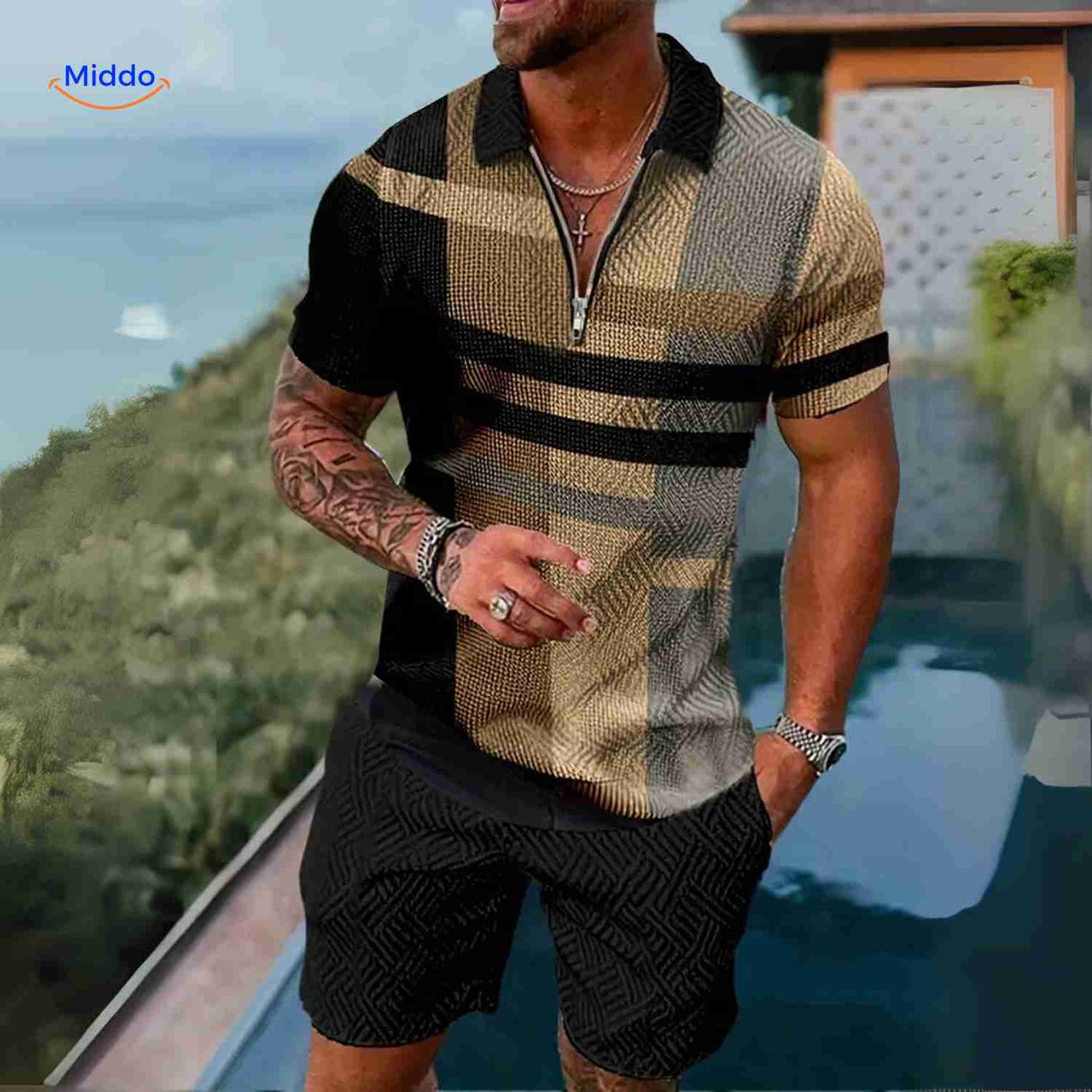 ensemble homme à carreaux doré et noir, tenue 2 pièces moderne et stylée pour l'été