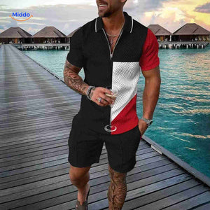 ensemble homme moderne noir, blanc et rouge avec fermeture éclair, look contrasté estival