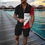 ensemble homme moderne noir, blanc et rouge avec fermeture éclair, look contrasté estival