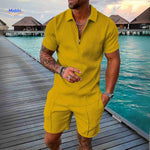 ensemble homme jaune tricoté avec fermeture éclair, set 2 pièces respirant pour l'été