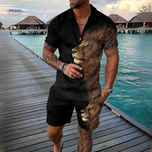 ensemble homme noir avec imprimé lion, tenue 2 pièces puissante et stylée pour l'été