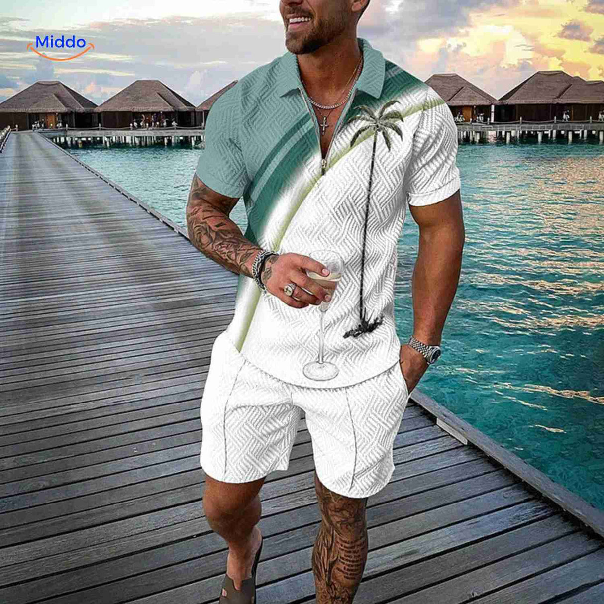 ensemble homme motif palmiers vert et blanc, look plage estival en 2 pièces