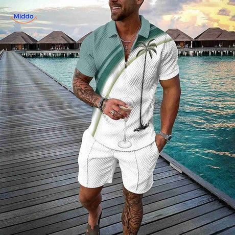 ensemble homme motif palmiers vert et blanc, look plage estival en 2 pièces