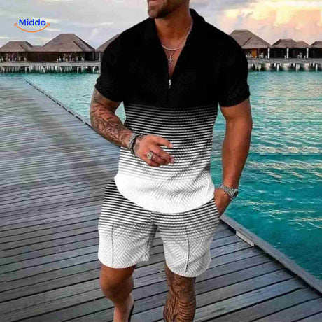 ensemble homme rayures dégradé noir et blanc, tenue 2 pièces respirante pour l'été