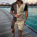 ensemble homme rétro beige à motif smiley, set 2 pièces estival original et coloré