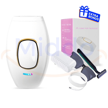 épilateur IPL blanc avec accessoires et boîte, contenu complet du kit