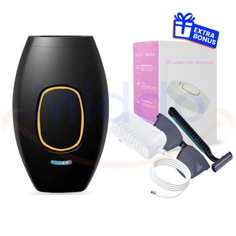 épilateur IPL noir avec accessoires et boîte, contenu complet du kit