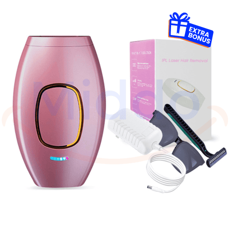 épilateur IPL rose avec accessoires et boîte, contenu complet du kit