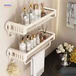 étagère double coloris crème avec produits de soin et accessoires de salle de bain