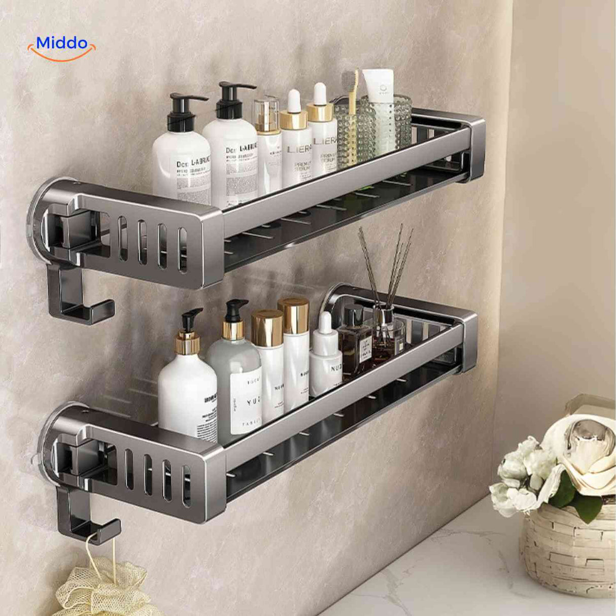 étagère double pour salle de bain avec stockage de flacons et crochets latéraux