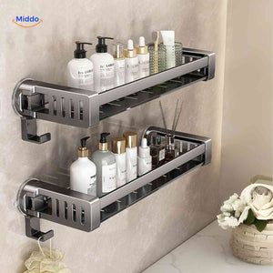 étagère double pour salle de bain avec stockage de flacons et crochets latéraux