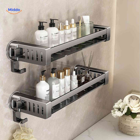 étagère double pour salle de bain avec stockage de flacons et crochets latéraux