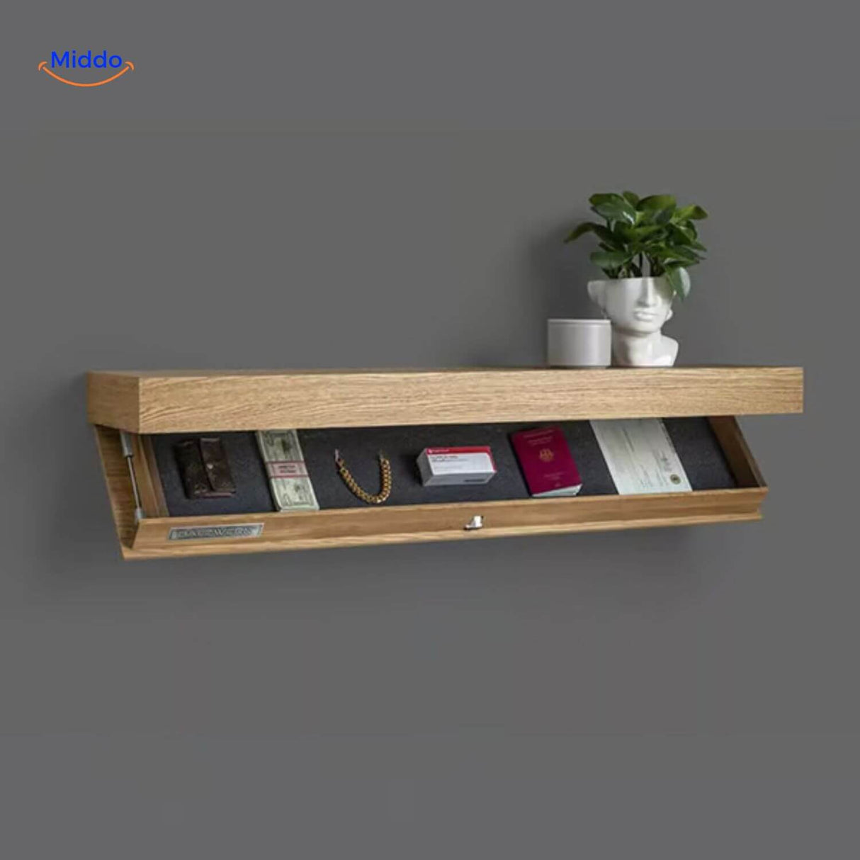 étagère murale en bois avec compartiment de rangement pour bijoux et passeports au quotidien