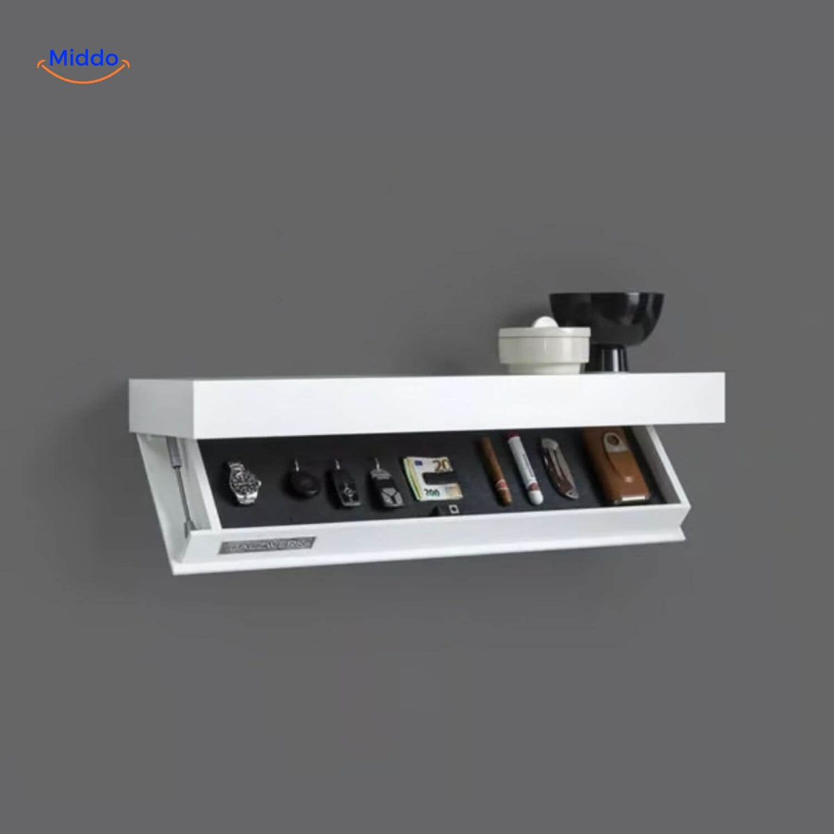 étagère murale flottante blanche avec espace pour accessoires de bureau, look moderne et épuré