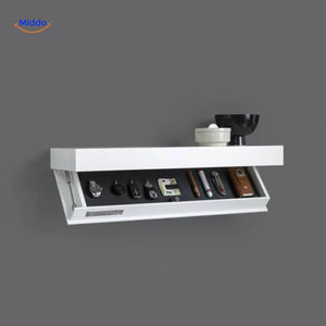 étagère murale flottante blanche avec espace pour accessoires de bureau, look moderne et épuré