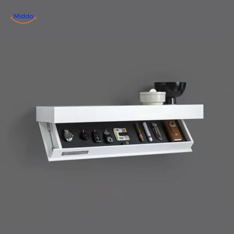 étagère murale flottante blanche avec espace pour accessoires de bureau, look moderne et épuré
