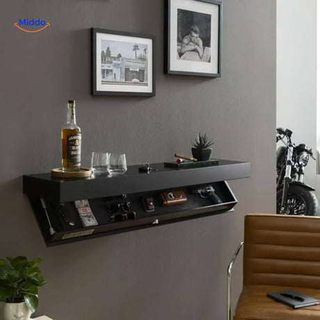 étagère murale flottante noire offrant de nombreuses options de rangement pratiques et accessibles