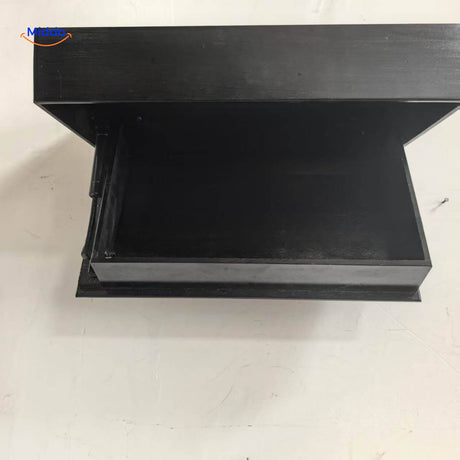 étagère murale noire avec couvercle fermé et porte inférieure, rangement intelligent dissimulé