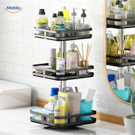étagère rotative carrée dans la salle de bain avec produits de beauté et accessoires bien organisés