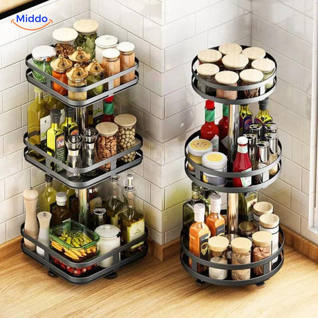 étagère rotative ronde et carrée utilisées en cuisine pour ranger épices, cosmétiques et accessoires