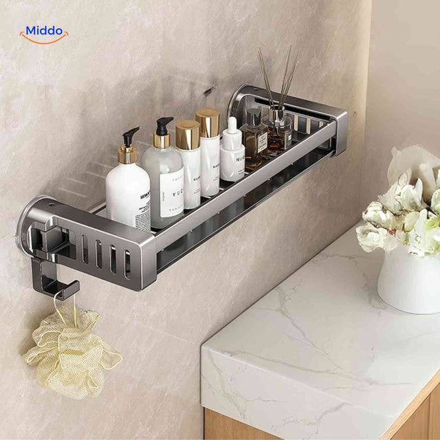 étagère salle de bain avec porte-bouteilles et crochets, fixation ventouse sans perçage