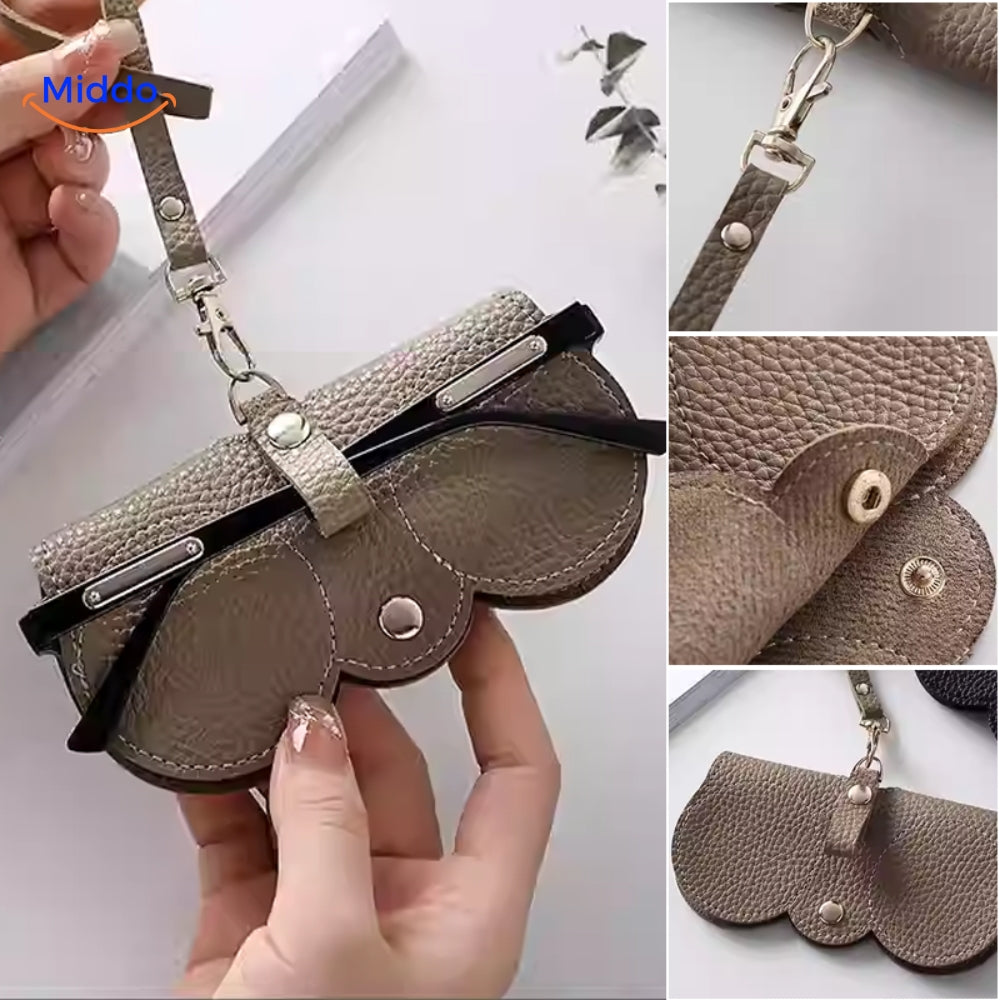 étui à lunettes beige en cuir PU présenté sous plusieurs angles dans une même photo