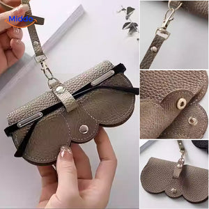 étui à lunettes beige en cuir PU présenté sous plusieurs angles dans une même photo
