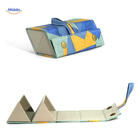 étui à lunettes pliable bleu motif géométrique 2 compartiments, design moderne
