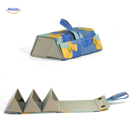 étui à lunettes bleu motif géométrique 3 compartiments pliable, pratique pour les voyages