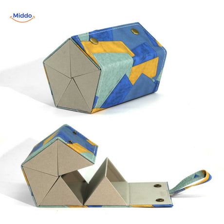 étui à lunettes bleu motif géométrique 5 compartiments compact, boîte pliable légère