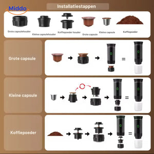 machine à expresso portable noire 3-en-1 présentée avec des capsules de café