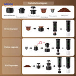 machine à expresso portable noire 3-en-1 présentée avec des capsules de café
