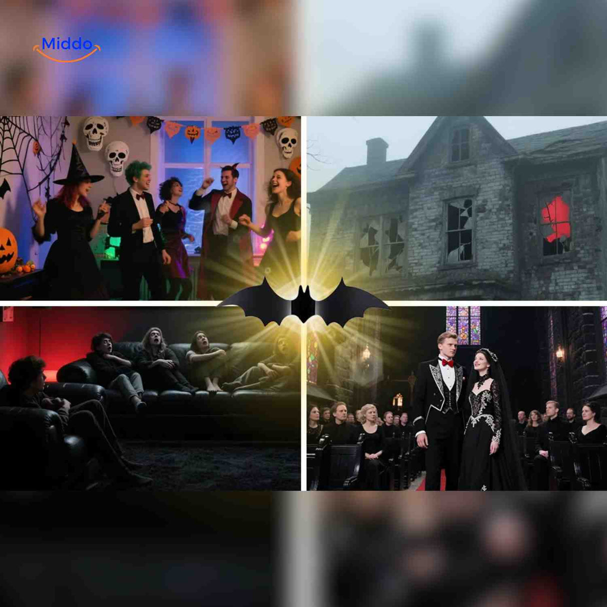 fête halloween décorée de chauves-souris 3d lumineuses, atmosphère terrifiante pour soirée entre amis