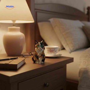figurine chat en cristal du calendrier de l'avent posée sur un bureau