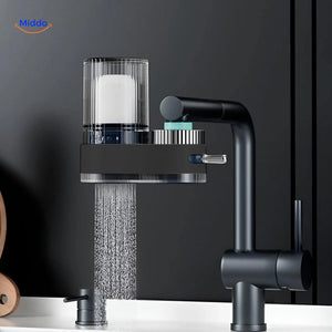 filtre robinet bleu illustrant le processus de filtration et de purification de l'eau