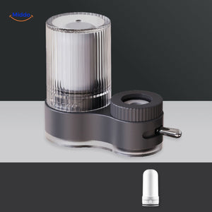 filtre robinet transparent avec section grise et raccord chrome pour eau purifiee