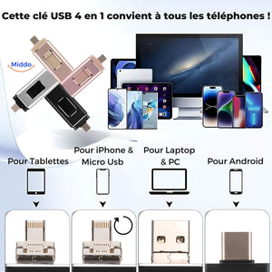 flashdrive 4-en-1 compatible avec tous les types de smartphones grâce à ses quatre connecteurs