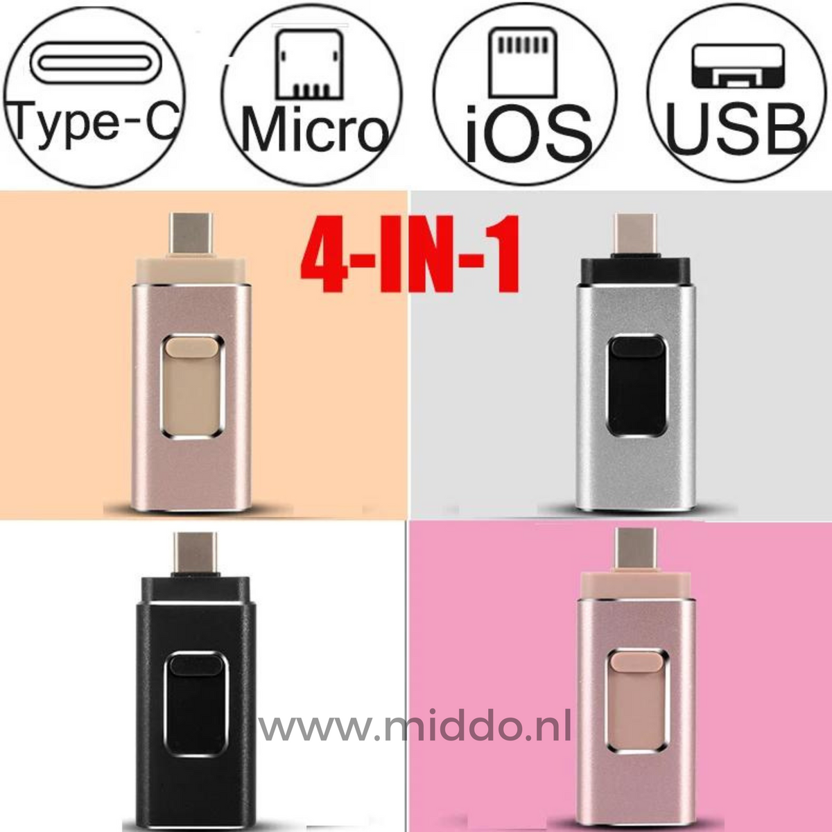 flashdrive 4-en-1 disponible en quatre coloris avec icônes illustrant les fonctions principales
