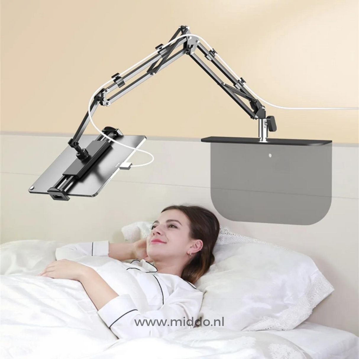 support flexarm au lit pour utilisation mains libres de la tablette, bras articulé réglable