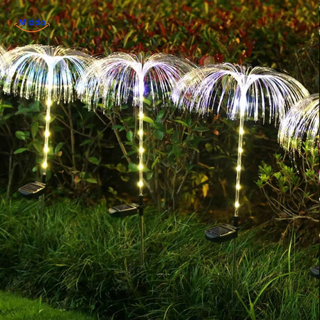 fontaine solaire avec lampes changeantes jaune et bleu pour une ambiance jardin dynamique