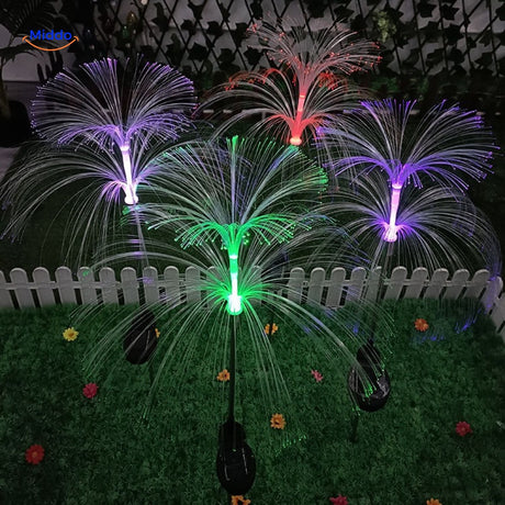 fontaine solaire fiber optic avec lampes violettes et vertes pour ambiance jardin nocturne