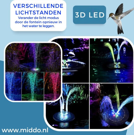 fontaine solaire présentant ses différents modes d'éclairage LED colorés en ambiance nocturne