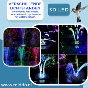 fontaine solaire présentant ses différents modes d'éclairage LED colorés en ambiance nocturne