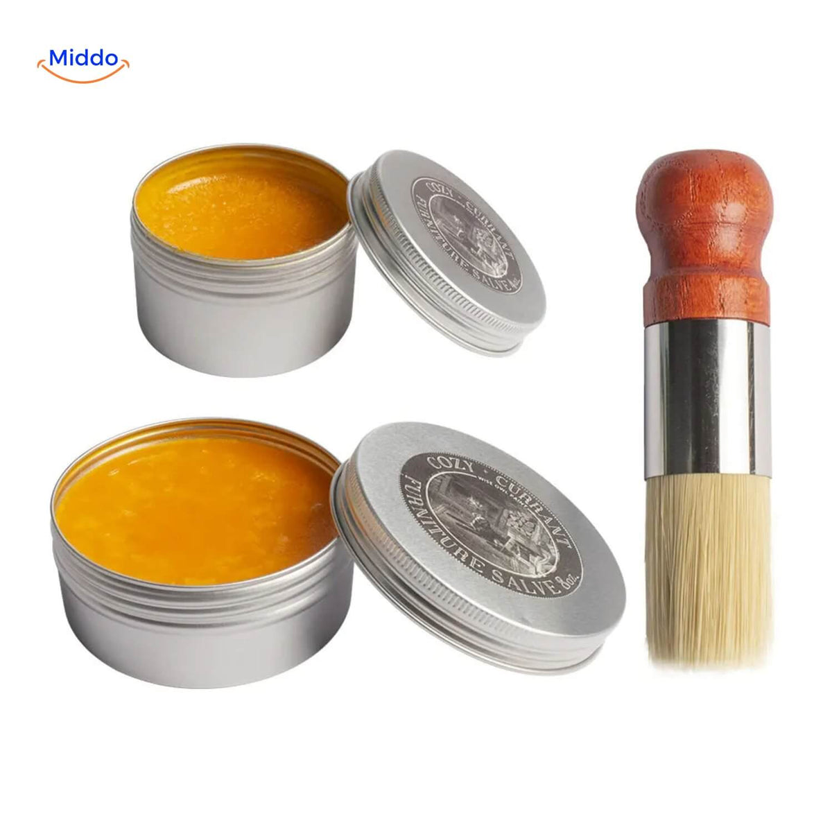 Deux boîtes ouvertes de Furnituresalve™ avec couvercles et brosse
