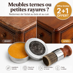 Commode en bois avant et après application de Furnituresalve™, avec baume et brosse