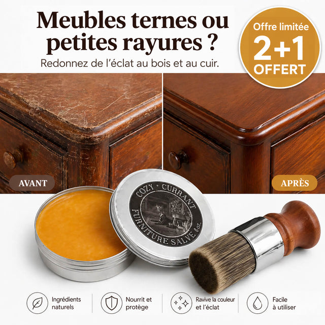 Commode en bois avant et après application de Furnituresalve™, avec baume et brosse