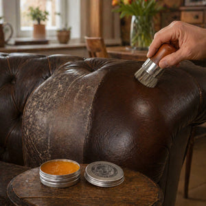 Application de Furnituresalve™ à la brosse sur un canapé en cuir marron