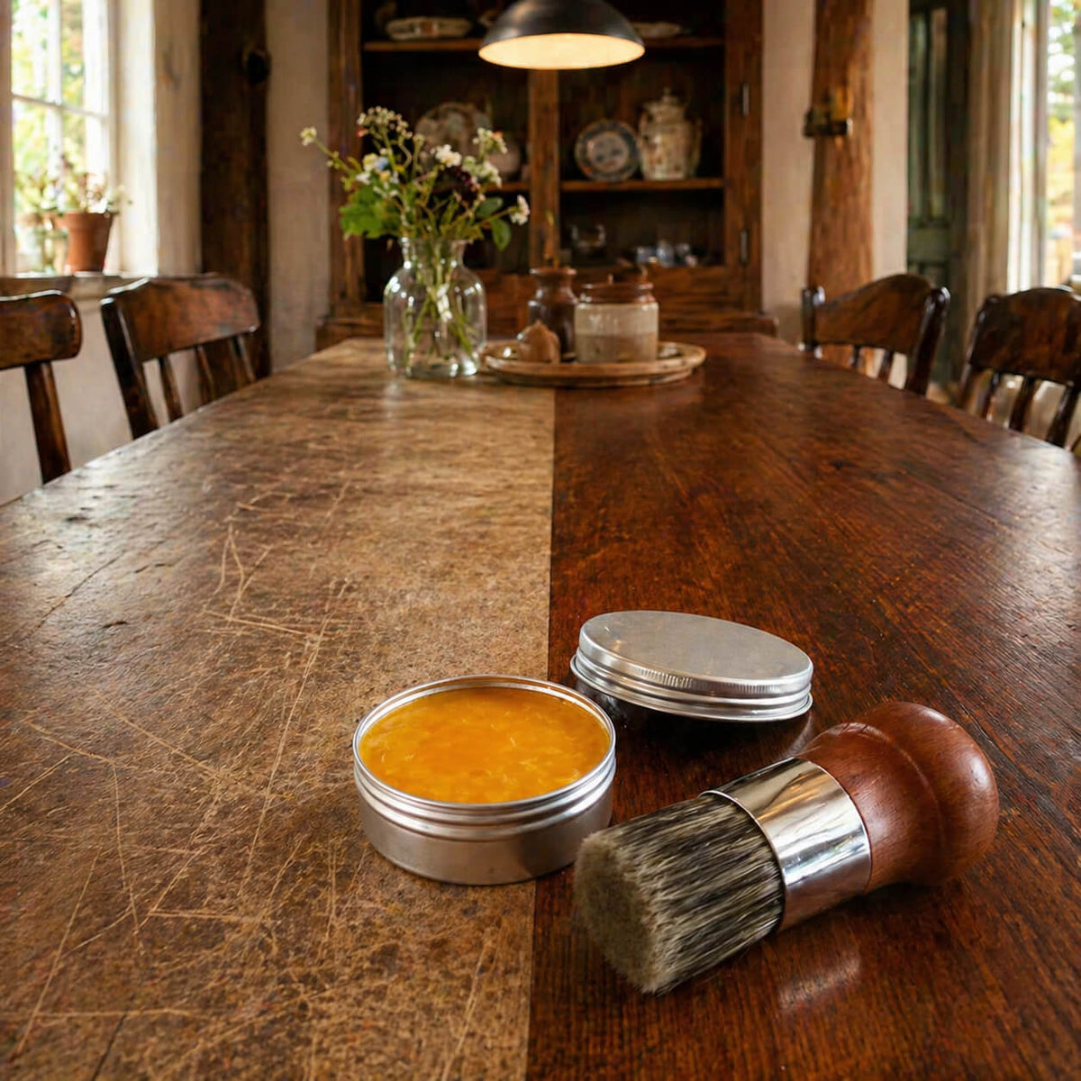 Table en bois avec une moitié terne et une moitié brillante, baume Furnituresalve™ et brosse