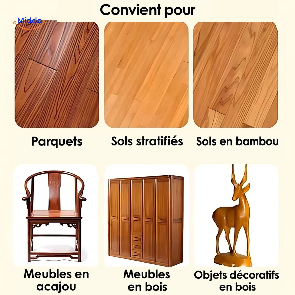 Exemples de sols en bois, stratifiés et en bambou, de meubles et d’objets en bois